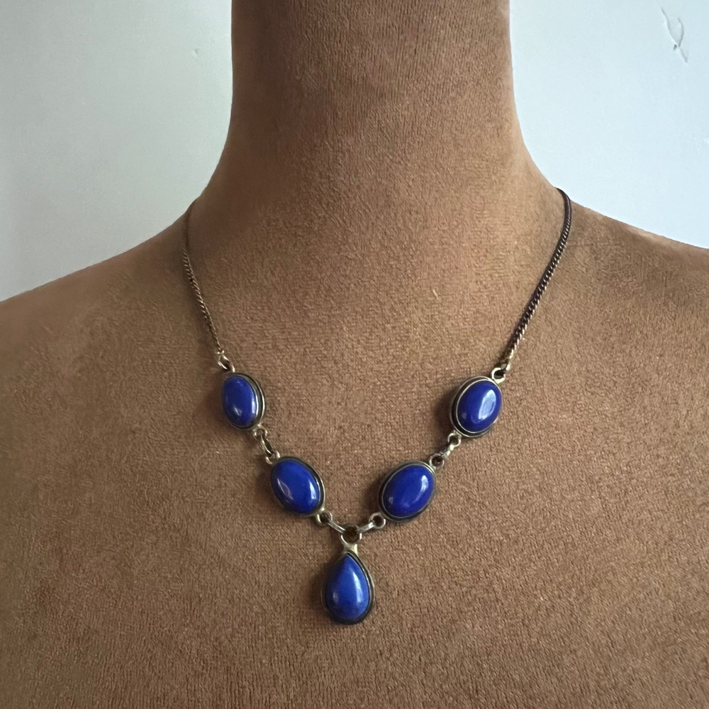 Vintage 925 Sterling Silver Cobalt Blue Stone Cabochon Necklace 19" Cottagecore